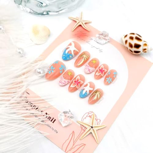 30 PCS Medium Almond Press-On Nails with 3D Starfish & Floral Designs