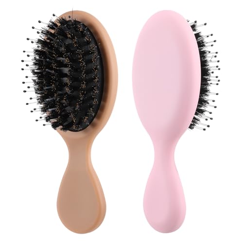 KFHENSOMR Dark Brown Travel Mini Boar Bristle Hair Brush for All Hair Types