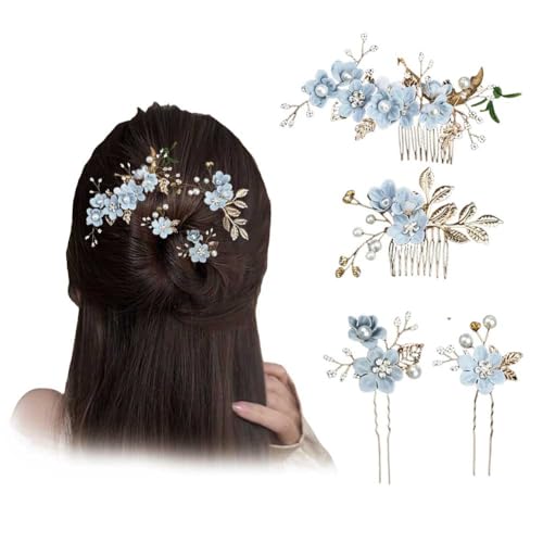 Gold & Blue Pearl Rhinestone Hair Comb for Brides & Bridesmaids