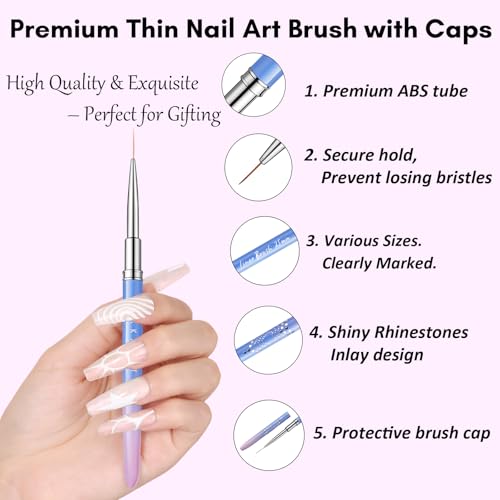 Makartt 5-Piece Nail Art Liner Brush Set with Caps for Gel Painting