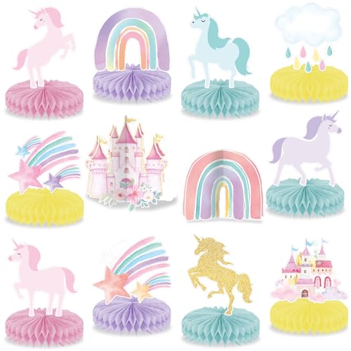 12Pcs Rainbow Unicorn Honeycomb Centerpieces for Birthday Party