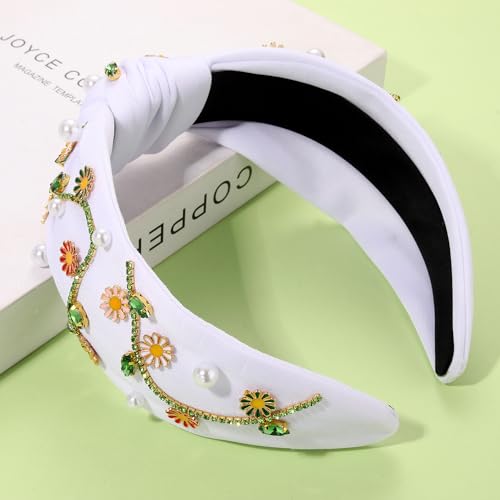 Flower C-White Pearl Knotted Headband for Women - Floral Top Knot with Rhinestones