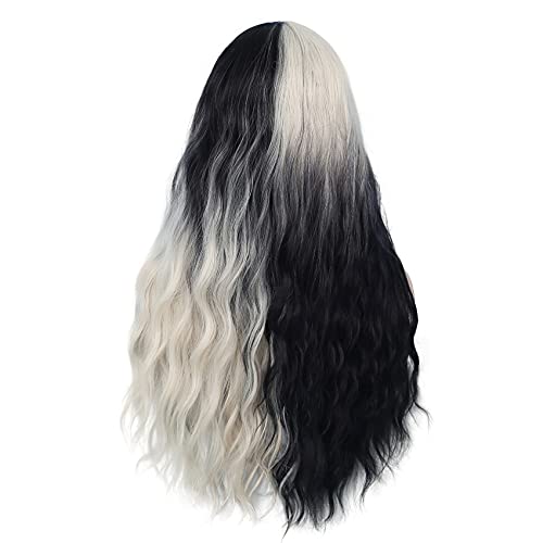 Swiking Half White Half Black Curly Wigs for Women - Long Wave Ombre Synthetic Hair, Party Cosplay