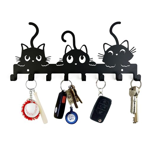 YXE Metal Key Holder Wall Mount with 8 Hooks - Cat Theme Organizer