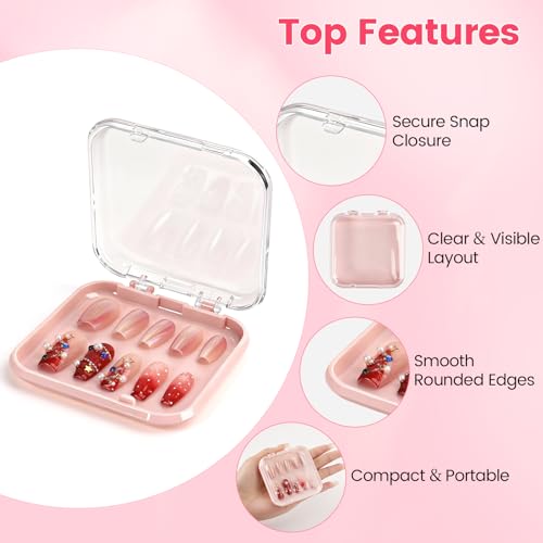 YINGJEE Pink Press On Nail Storage Box Set with 90 Double-Sided Tape - Compact Organizer for Fake Nails & Jewelry