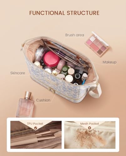 LOVEVOOK Blue Flower Travel Makeup Bag - Portable Double Layer Cosmetic Organizer