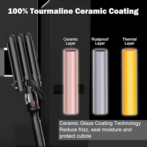 Kuwa Black 3-Barrel Curling Iron for Beach Waves & Curls, LCD Temp Display