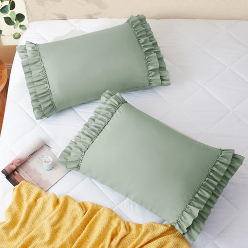 Vonty Sage Green Ruffled Pillow Cases Set of 2 - 20x26 Inch