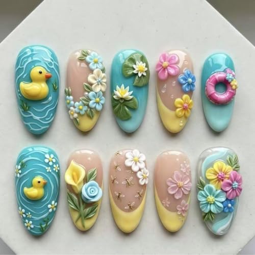 HJKDSFD Summer07 30Pcs Yellow French Tip Press-On Nails Medium Almond Glossy Fake Nails with Flowers
