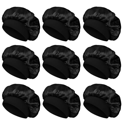 Aiphamy Satin Sleep Bonnets - 9 Pack Wide Band Hair Caps for Curly Hair