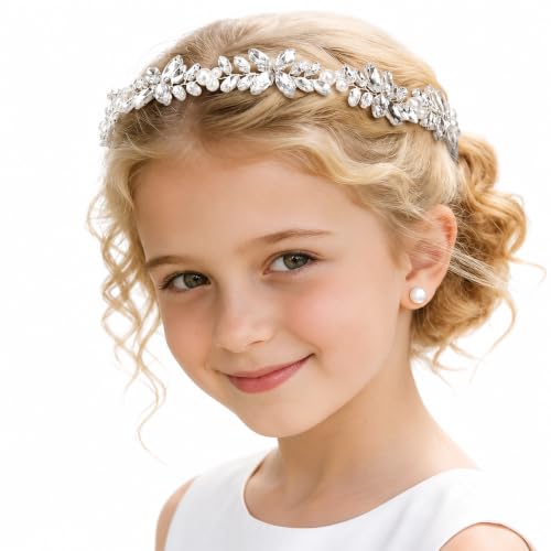 Diamond Style Flower Girl Headpiece with Crystals & Pearls for Weddings