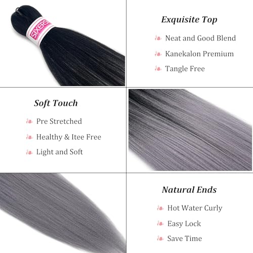 SIXERSI 26 Inch Grey Ombre Pre Stretched Braiding Hair Extensions Pack of 8 for Knotless Braid Styles