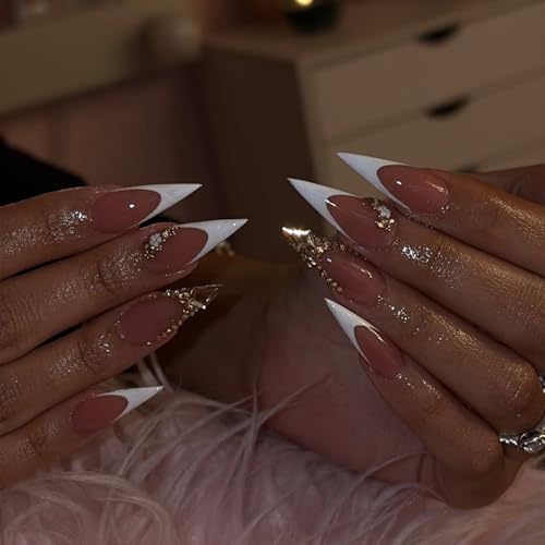 Luxury Handmade Stiletto Press-On Nails S / 083-4 with 3D Rhinestones & French Tip