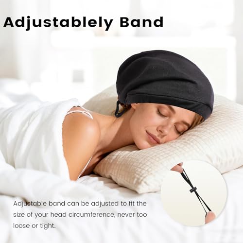 Koeuoi Adjustable Satin-Lined Silk Sleep Cap for Women Men - Black, Medium