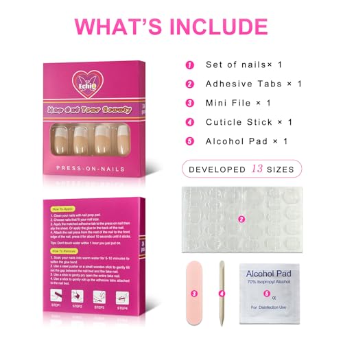 EchiQ Medium Square Press-On Nails - Nude French Tips, 24pcs