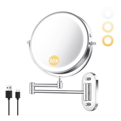 Wall Mounted Makeup Mirror with Light, 8 Inch 1X/30X Magnifying Mirror, Rechargeable 4000mAh, Double Sided, Extendable Arm, 360¡Æ Swivel Bathroom Mirror