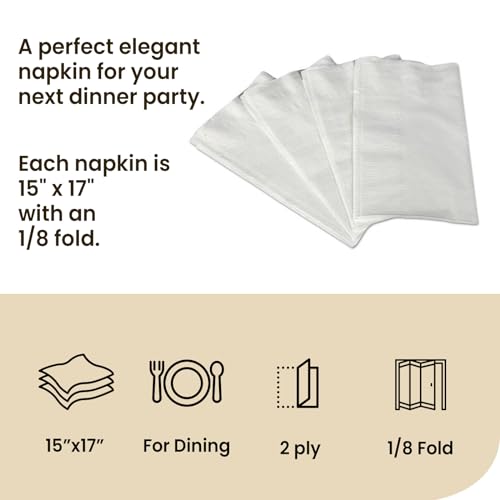 2 Ply Premium White Dinner Napkins - 100 Count, 15" x 17"