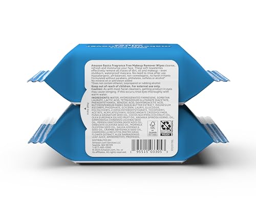 Amazon Basics Fragrance-Free Makeup Remover Wipes, 25 Count (Pack of 2) – Gentle Waterproof Mascara Removal