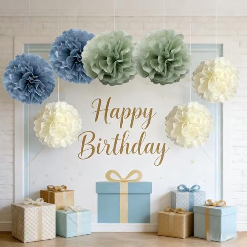 Sage Green & Dusty Blue Tissue Pom Poms - 10-Pack Party Decorations