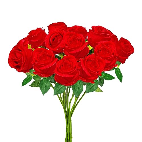 12PCS Realistic Red Silk Roses with Long Stems for DIY Decor