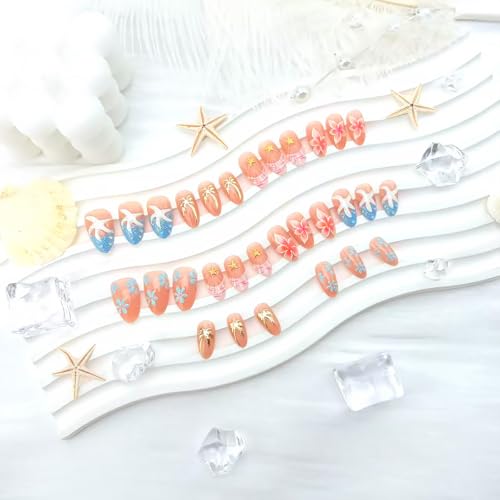 30 PCS Medium Almond Press-On Nails with 3D Starfish & Floral Designs