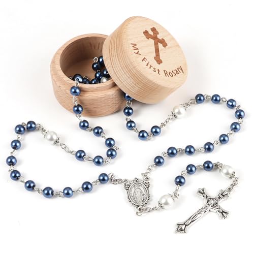 My First Rosary Baptism Gift Set with Wooden Keepsake Box - Blue