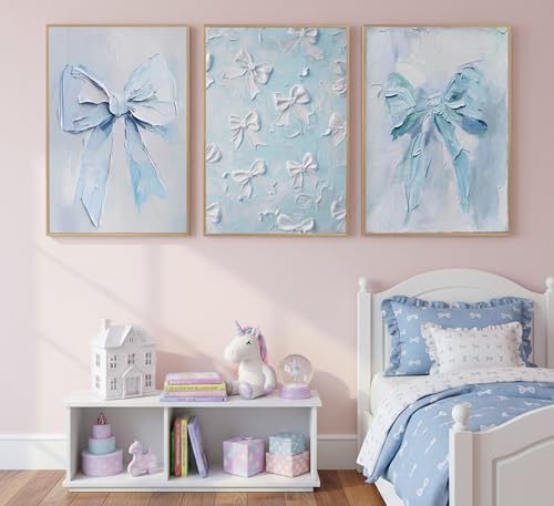 Trendy Blue Bow Wall Art Set - Unframed Canvas Prints