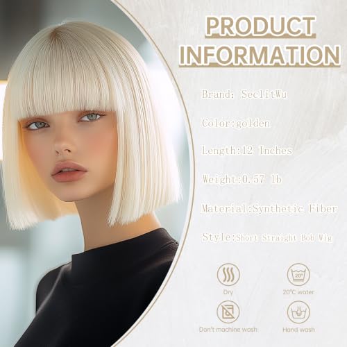 SeclitWu Blonde Bob Wigs for Women Short Straight Synthetic Heat-Resistant Hair, 12 Inch Bangs Cosplay & Daily Use
