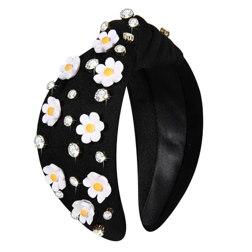 NVENF Flower B - Black Knit Floral Headband with Crystal Embellishments