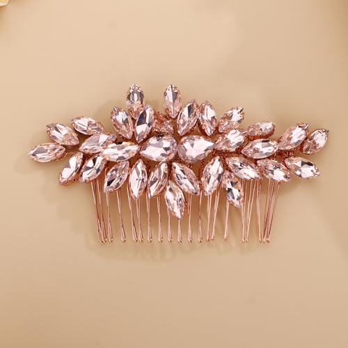 Missgrace Rose Gold Pink Bridal Hair Comb with Rhinestones – Elegant Wedding Accessory