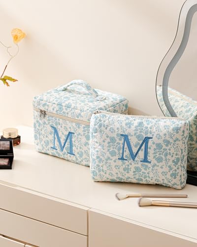 Personalized HBselect Blueflower Makeup Bag Set - 2Pcs Quilted Cosmetic Organizer