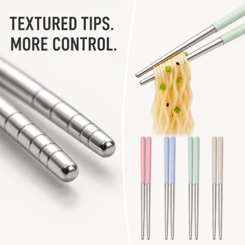 AQUP 304 Stainless Steel Chopsticks - 4 Pairs, Non-Slip, Multicolor