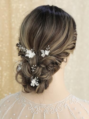 Silver Pearl Flower Bridal Hair Pins - 6 Pcs Wedding Accessories