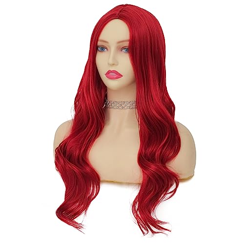 Long Red Curly Wavy Synthetic Wig for Halloween Cosplay and Daily Wear