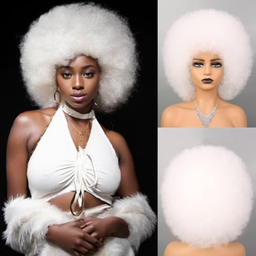 White Afro Wig for Women - Glueless 70s Afro Puff Curly Wig