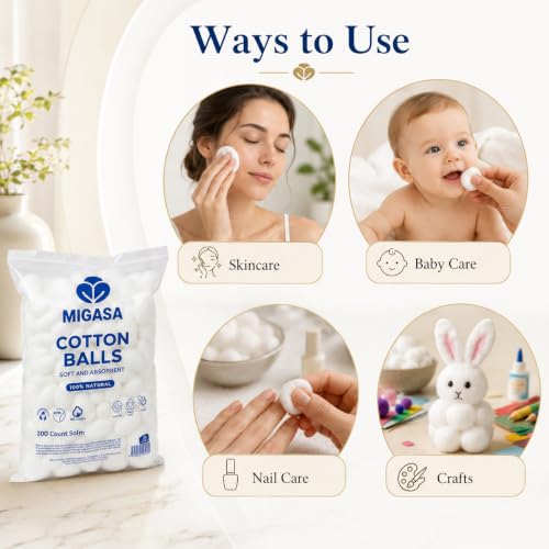 Migasa 100% Pure Hypoallergenic Cotton Balls – 200 Count Soft Skincare