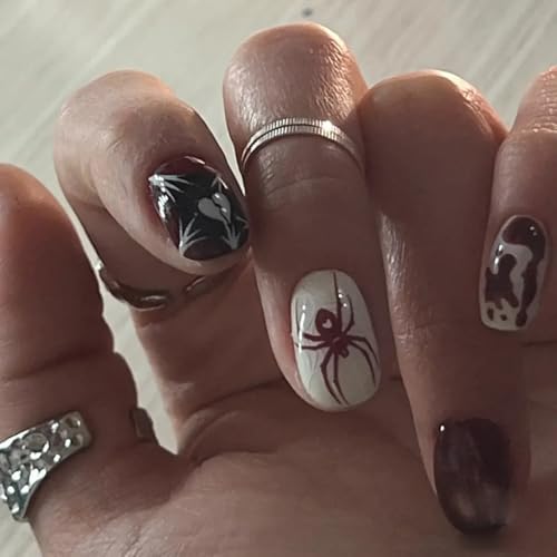 HPYFOI Spider Halloween Press-On Nails Style-4: Short Dark Red Square Reusable 24 Pcs