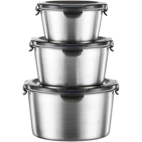 Baalaka Stainless Steel Food Storage Containers Set - 3-Piece Airtight with Lids (12, 20, 34 oz)