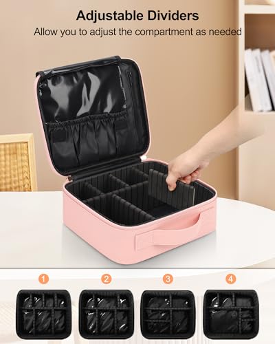 Pink Travel Makeup Organizer Case with Adjustable Dividers - Small