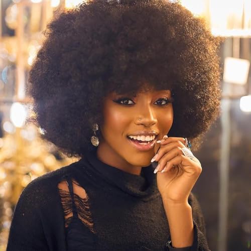 Aminow 70's Afro Wig for Women - Natural Black Short Kinky Curly with Bangs