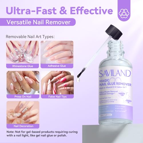 SAVILAND Blue Brush-On Nail Glue Remover 50mL with Pusher & Nail Fork, Gentle Formula