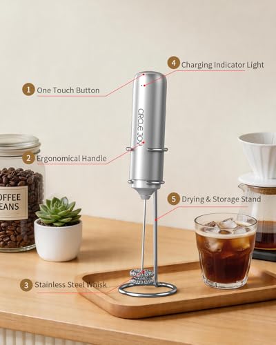 CIRCLE JOY Rechargeable Milk Frother with Stand - Dual Spring Whisk for Lattes & Cappuccinos