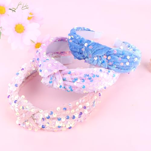Brimekichio 3-Pack Sequin Knotted Headbands for Girls - Sparkly Hair Accessor