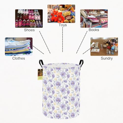 Collapsible Round Storage Basket with Handles - Purple Flower