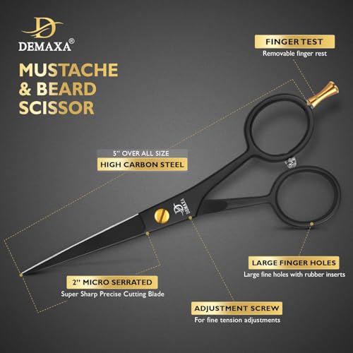 DEMAXA 5" Professional Beard Scissors for men Mustache Scissors with 1 Mustache Comb, 1 Beard Comb & Soft Pouch ? Prefect Beard shears mustache kit for All Facial Hair ? moustache Grooming kit for Men