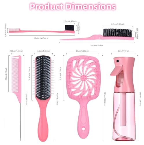 Olportkah 6-Piece Pink Hair Brush Set with Detangling Brush & Spray Bottle