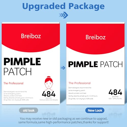 Breiboz Red Large Acne Patches with Tea Tree & Salicylic Acid, 484 Hydrocolloid Bandages for Face & Body