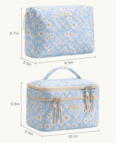 HBselect 2-Piece Quilted Floral Makeup Bag Set, Large Travel Toiletry Pouch