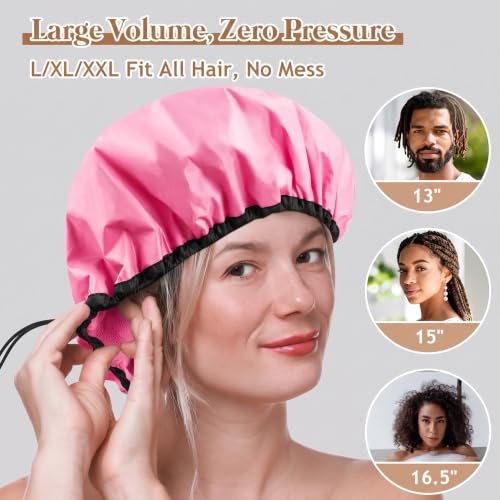 SHEOMERN Pink XX-Large Adjustable Shower Cap - Waterproof & Soft Terry Lined for Long Hair, Braids, Dreadlocks