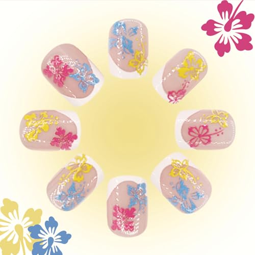 Floral Short Square Press On Nails Set for Women - Summer Flower Design, Glue-On Fake Nails